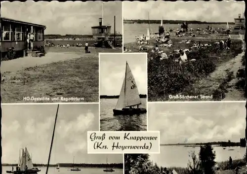 Ak Lohsa in der Oberlausitz, Knappensee, HO Gaststätte und Regattaturm, Groß-Särchener Strand