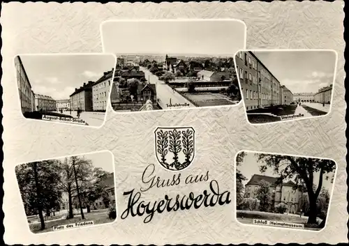 Ak Hoyerswerda in der Oberlausitz, Schulstraße, Steinstraße, Platz des Friedens, Schloss, Wappen