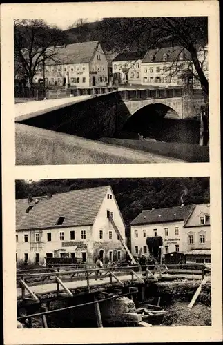Ak Bad Gottleuba Berggießhübel in Sachsen, Brücke vor und nach Unwetter 1927