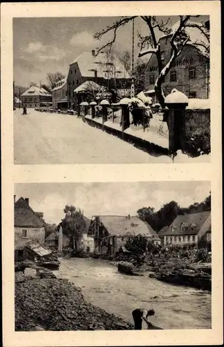 Ak Bad Berggießhübel in Sachsen, Hauptstraße vor und nach Katastrophe 1927, Hochwasser, Winter