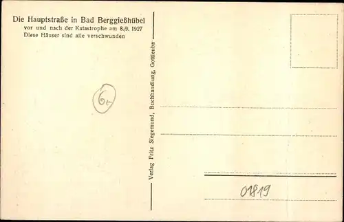 Ak Bad Berggießhübel in Sachsen, Hauptstraße vor und nach Katastrophe 1927, Hochwasser, Winter