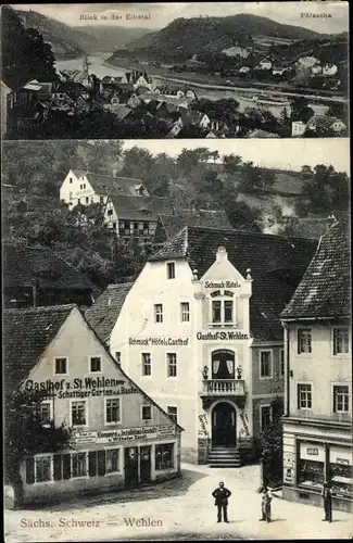 Ak Wehlen an der Elbe Sächsische Schweiz, Gasthof z. St. Wehlen, Blick in das Elbetal