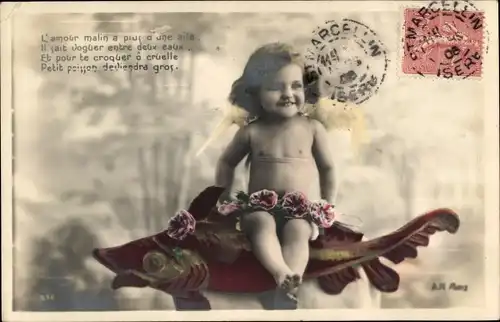 Ak 1. April, Engel sitzt auf einem Fisch
