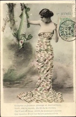 Ak 1. April, Frau im schulterfreien Kleid mit Fisch