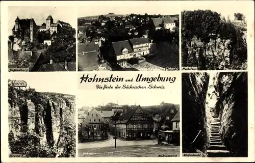 Ak Hohnstein Sächsische Schweiz, Jugendburg, Wolfsschlucht, Brand, Hockstein, Fachwerkhaus