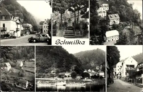 Ak Schmilka Bad Schandau Sächsische Schweiz, Straßenpartie, Denkmal, Ausflugsschiff, Fachwerkhaus