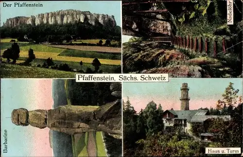 Ak Königstein an der Elbe Sächsische Schweiz, Pfaffenstein, Barbarine, Nadelöhr, Haus und Turm