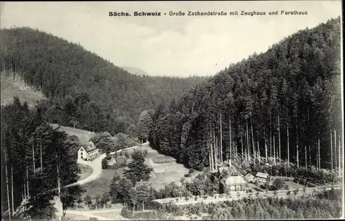 Ak Sebnitz Sächsische Schweiz, Große Zschandstraße mit Zeughaus und Forsthaus, Panorama