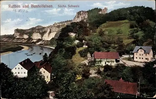 Ak Rathen an der Elbe Sächsische Schweiz, Basteifelsen, Fluss, Villen