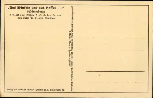 Künstler Ak Eiland, Erich W., Schneeberg im Erzgebirge, Seele der Heimat, Aus Winkeln und aus Gassen