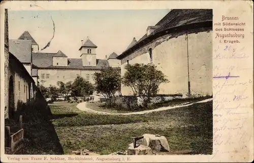 Ak Augustusburg Erzgebirge, Brunnen mit Südansicht des Schlosses