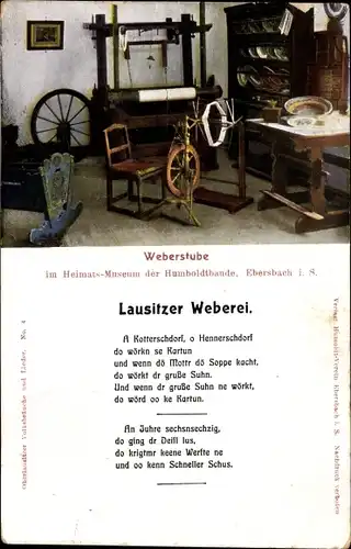 Ak Ebersbach in Sachsen, Weberstube im Heimatmuseum, Gedicht Lausitzer Weberei