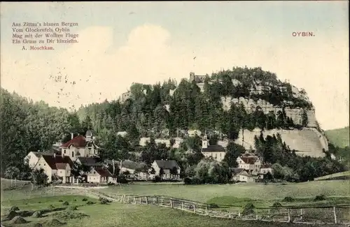 Ak Oybin in Sachsen, Blick auf Ort mit Felsen