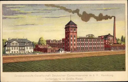 Litho Gröba Riesa an der Elbe Sachsen, Großeinkaufsgesellschaft Deutsch. Konsumvereine, Seifenfabrik