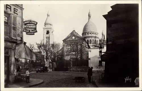 Postkarte Paris XVIII Montmartre, Die Basilika vom Place du Tertre aus gesehen, Cabaret du Tertre