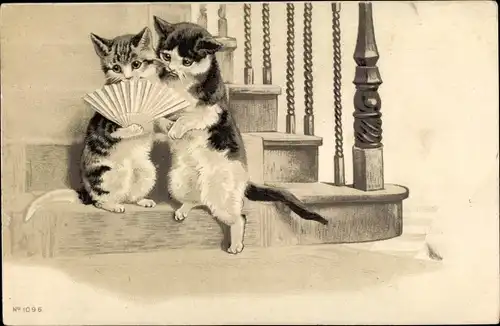 Präge Litho Zwei Katzen auf einer Treppe, Fächer