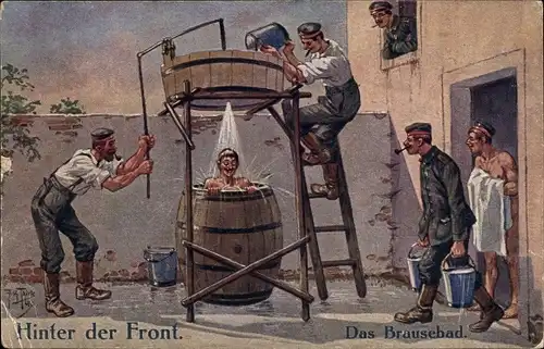 Künstler Ak Thiele, Arthur, Hinter der Front, Das Brausebad