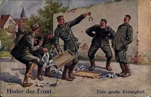 Künstler Ak Thiele, Arthur, Hinter der Front, eine große Kleinigkeit, Soldat, Paket, Paar Würstchen