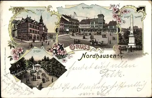 Litho Nordhausen in Thüringen, Rathaus, Kornmarkt, Gehege, Kriegerdenkmal