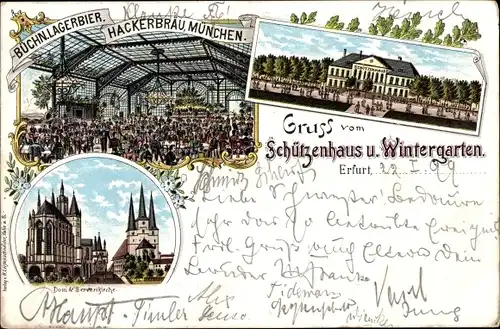 Litho Erfurt in Thüringen, Schützenhaus und Wintergarten, Dom und Severikirche, Hackerbräu München