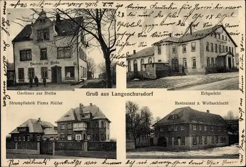Ak Langenchursdorf Callenberg Kr. Zwickau, Gasthaus zur Bleibe, Erbgericht, Strumpffabrik Müller