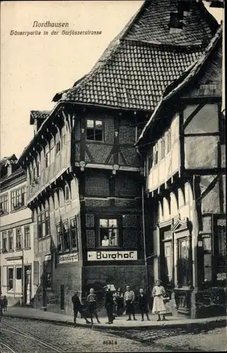 Ak Nordhausen am Harz, Häuserpartie in der Barfüßerstraße, Gasthaus Burghof