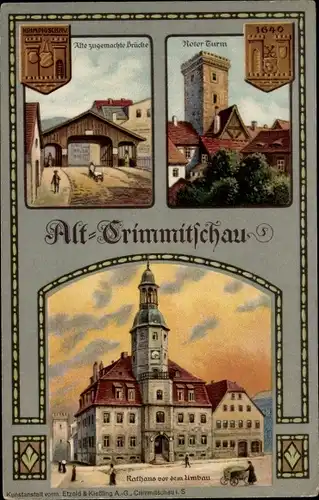 Litho Crimmitschau in Sachsen, Roter Turm, gedeckte Brücke, Rathaus, Stadtrechtsfeier 1914