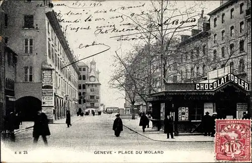 Ak Genève Genf Stadt, Place du Molard, piétons, Chocolat Tobler, Pharmacie