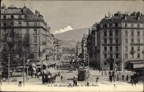 Ak Genève Genf Stadt, Rue du Mont Blanc, Hotel Suisse, Straßenbahn