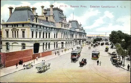Ak Buenos Aires Argentinien, Estacion Constitucion FCS, Straßenszene, Straßenbahnen, Kutschen