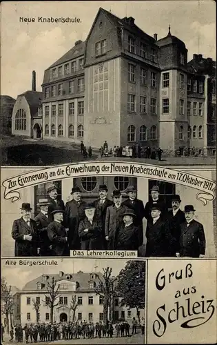 Ak Schleiz im Vogtland Thüringen, Neue Knabenschule, Einweihung 1911, Lehrerkollegium