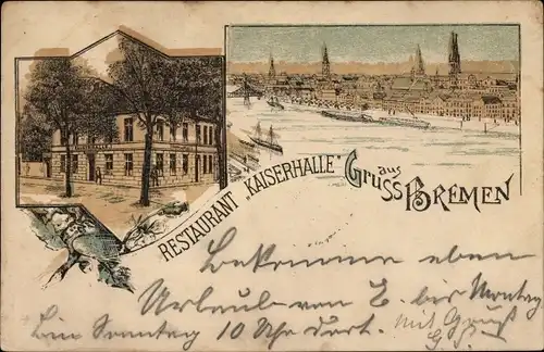 Litho Hansestadt Bremen, Restaurant Kaiserhalle, Stadtansicht