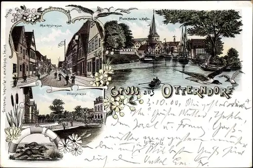 Litho Otterndorf an der Niederelbe, Hafen, Marktstraße, Villenstraße