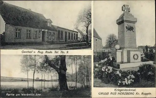 Ak Herzberg in der Mark, Gasthof, Werbellin See, Kriegerdenkmal