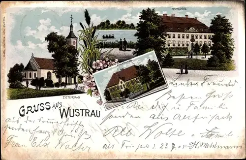 Litho Wustrau Altfriesack Fehrbellin in Brandenburg, Zietengrab, Kirche, Pfarrhaus, Schloss