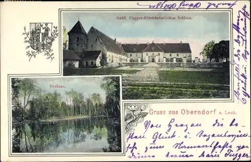 Ak Oberndorf am Lech, Parksee, Gräfl. Fugger Kirchheimsches Schloss