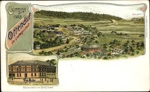 Litho Ottendorf Ludwigsstadt in Oberfranken, Restauration, Blick auf den Ort