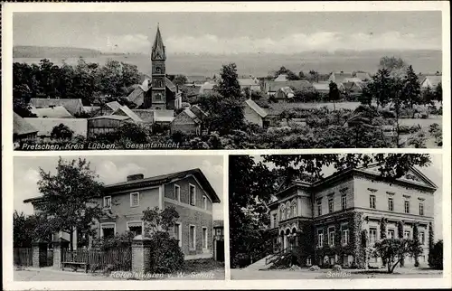 Ak Pretschen Kreis Lübben Spreewald, Gesamtansicht, Kolonialwarengeschäft, Schloss