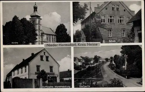 Ak Sobięcin Niederhermsdorf Wałbrzych Waldenburg Niederschlesien, Kirche, Schule, Handlung Hoffmann