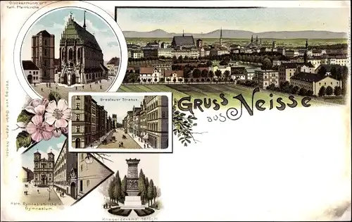 Litho Nysa Neisse Schlesien, Kath. Pfarrkirche, Glockenturm, Breslauer Straße, Gymnasialkirche