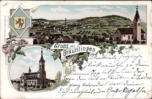 Litho Bräunlingen im Schwarzwald Baden, Panorama, Kirche, Wappen