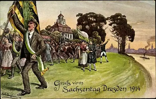 Ganzsachen Künstler Ak Langbein, Rob., Dresden, Sachsentag 1914, Festumzug am Ufer der Elbe