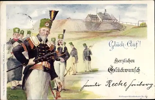 Litho Freiberg in Sachsen, Glück Auf, Herzlichen Glückwunsch, Bergleute
