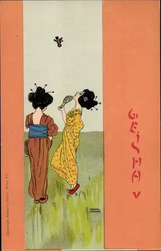 Jugendstil Künstler Ak Kirchner, Raphael, Geisha, Federball