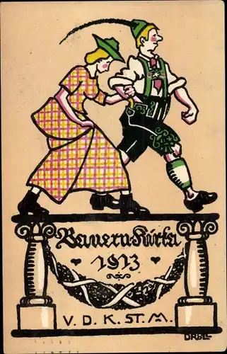 Künstler Ak Dröll, Bauern Kirta 1913, Kirchweih, Paar in Tracht, Lederhose