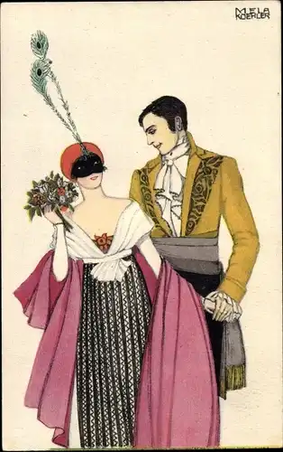 Künstler Ak Köhler, Mela, Maskenball, Paar, maskierte Frau