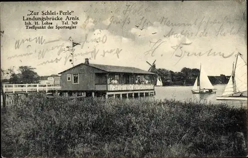 Ak Bad Arnis an der Schlei, Zur Schlei Perle, Landungsbrücke