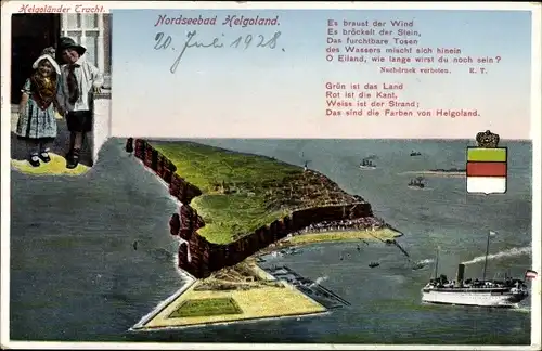 Ak Nordseebad Helgoland, Helgoländer Tracht, Lied, Dampfer, Wappen