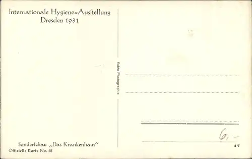 Ak Dresden Altstadt, Internationale Hygiene Ausstellung 1931, Sonderschau das Krankenhaus