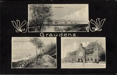 Ak Grudziądz Graudenz Westpreußen, Weichselbrücke, Bahnhof, Schlossberg